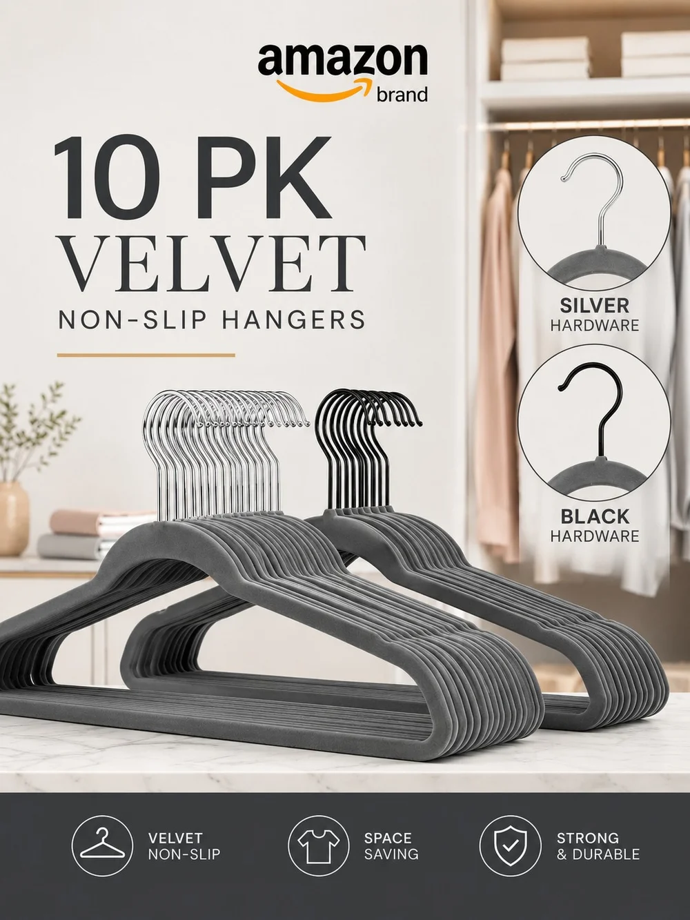 10Pk Grey Velvet Non-Slip Hangers | Silver or Black Hardware | Space Saving |EUC